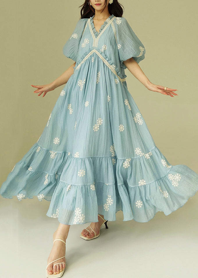 French Blue Embroidered Ruffled Cotton Maxi Dresses Puff Sleeve