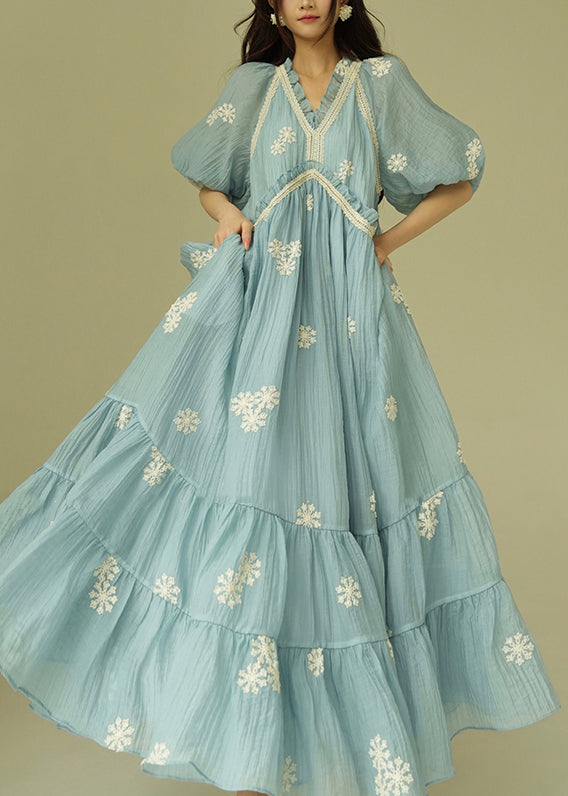 French Blue Embroidered Ruffled Cotton Maxi Dresses Puff Sleeve