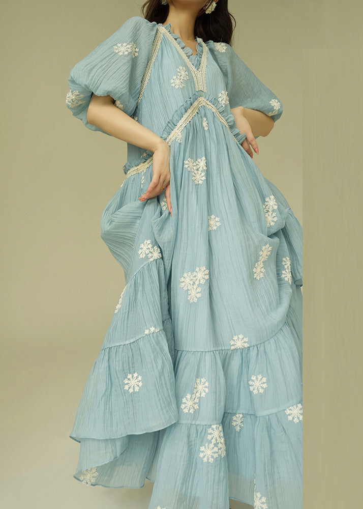 French Blue Embroidered Ruffled Cotton Maxi Dresses Puff Sleeve