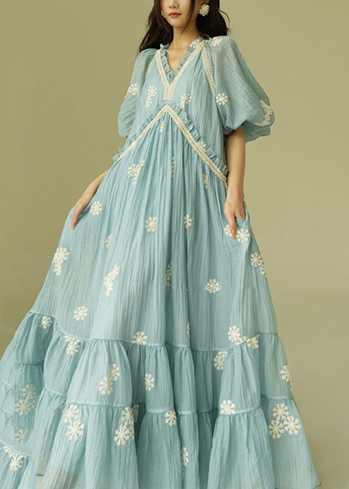 French Blue Embroidered Ruffled Cotton Maxi Dresses Puff Sleeve