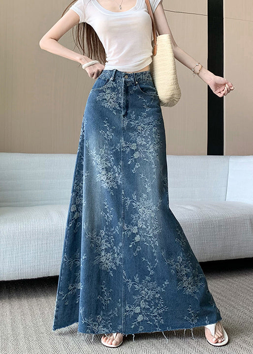 French Blue High Waist Embroidered Pockets Denim Skirts Fall