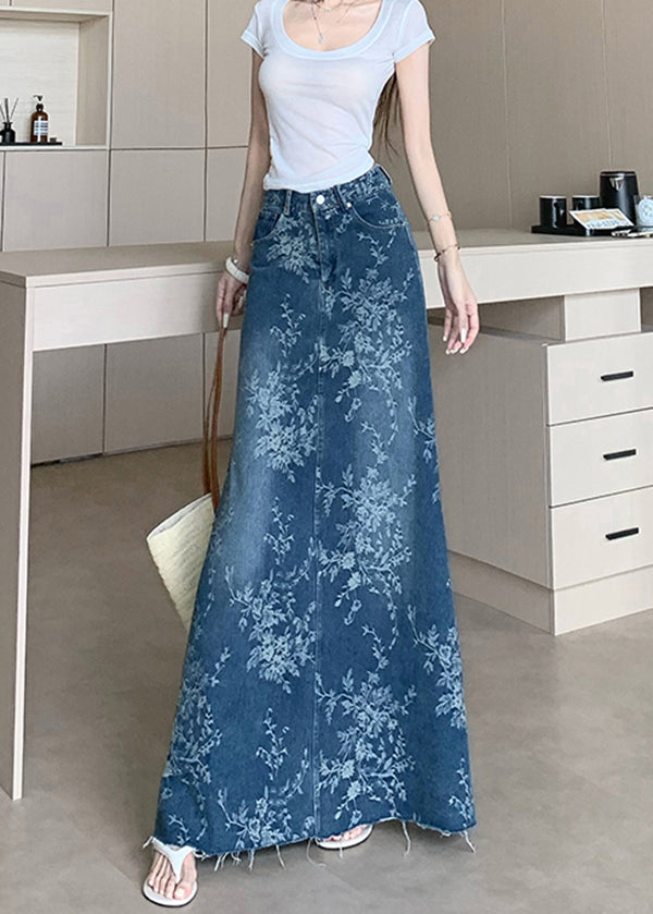 French Blue High Waist Embroidered Pockets Denim Skirts Fall