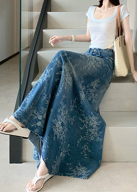 French Blue High Waist Embroidered Pockets Denim Skirts Fall