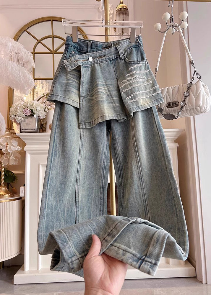 French Blue High Waist Patchwork Denim Bell-bottom Pant Skirts Fall