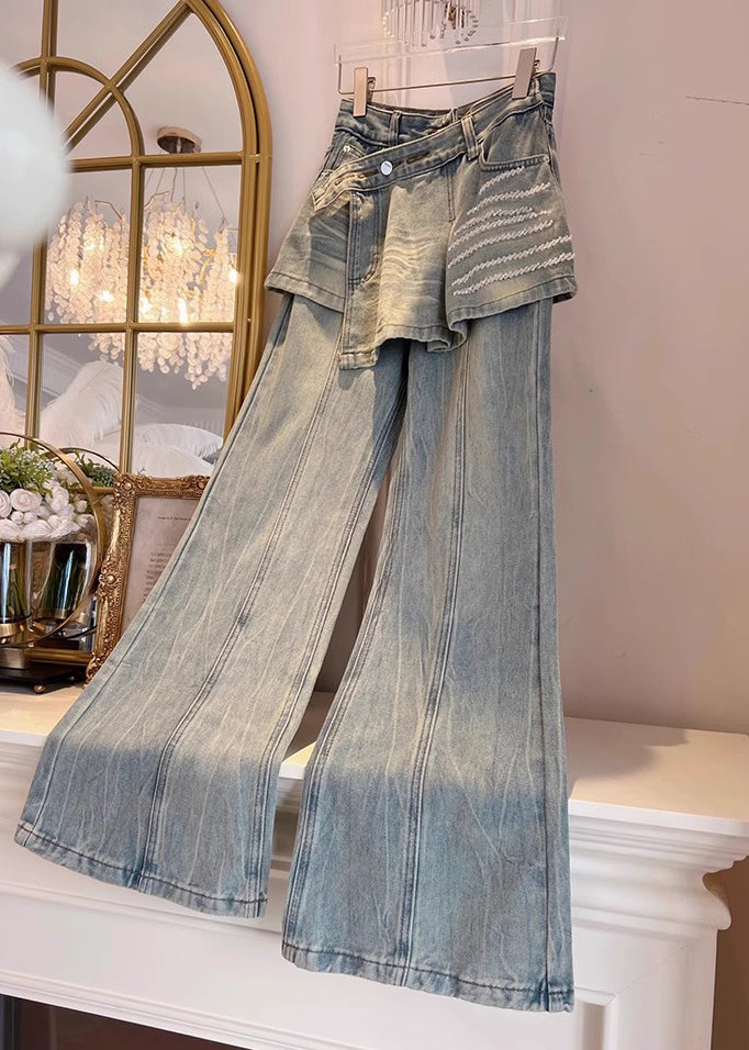 French Blue High Waist Patchwork Denim Bell-bottom Pant Skirts Fall