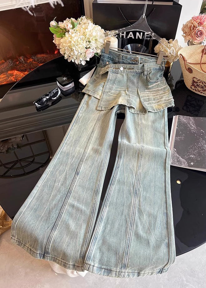 French Blue High Waist Patchwork Denim Bell-bottom Pant Skirts Fall