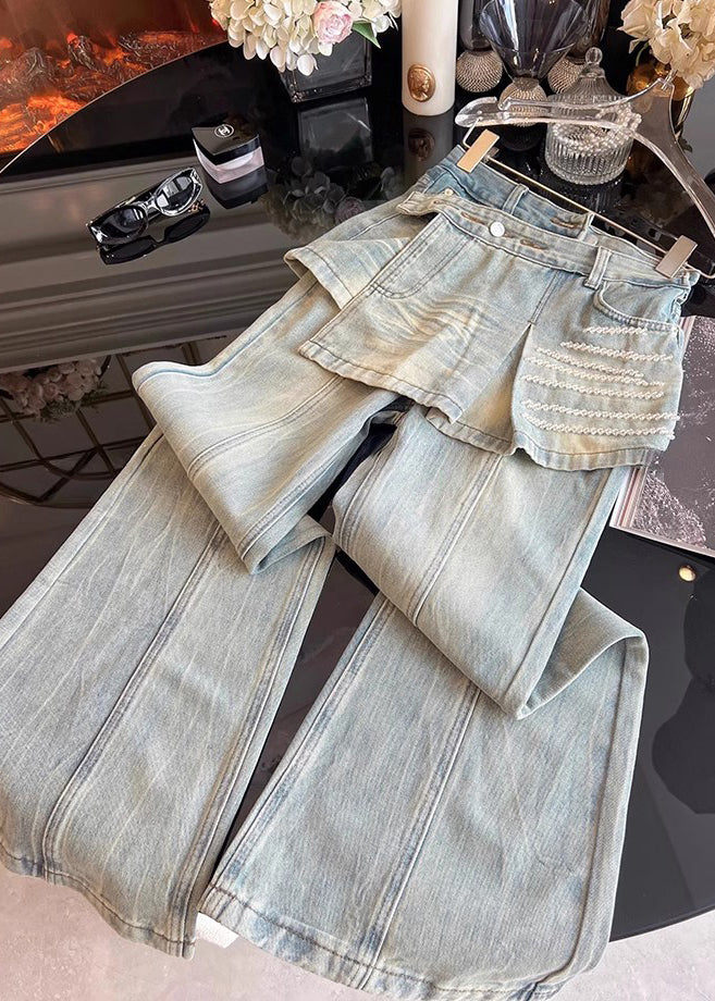 French Blue High Waist Patchwork Denim Bell-bottom Pant Skirts Fall