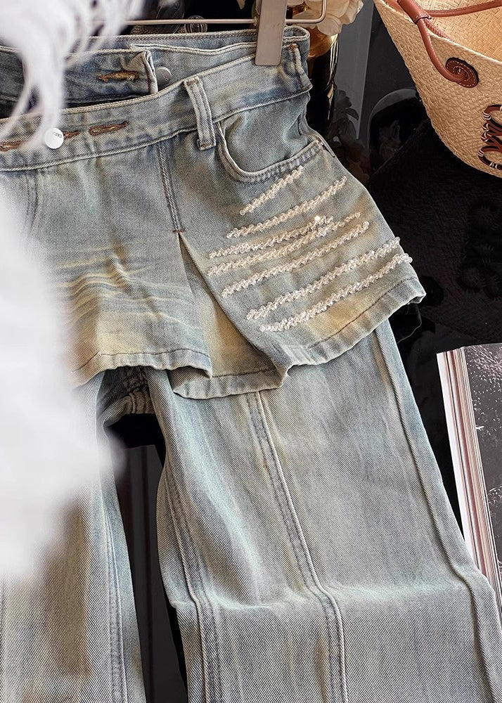 French Blue High Waist Patchwork Denim Bell-bottom Pant Skirts Fall