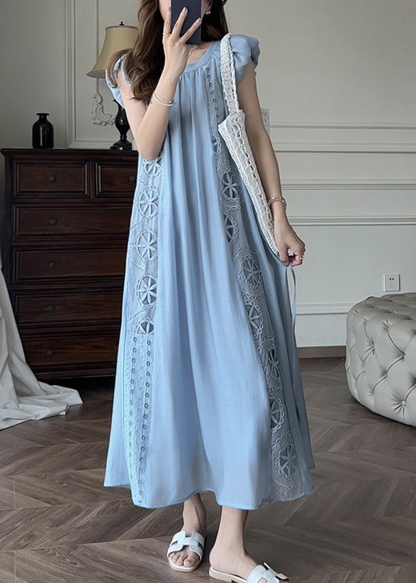French Blue Print Side Open Lace Up Cotton Dress Long Sleeve main image 0