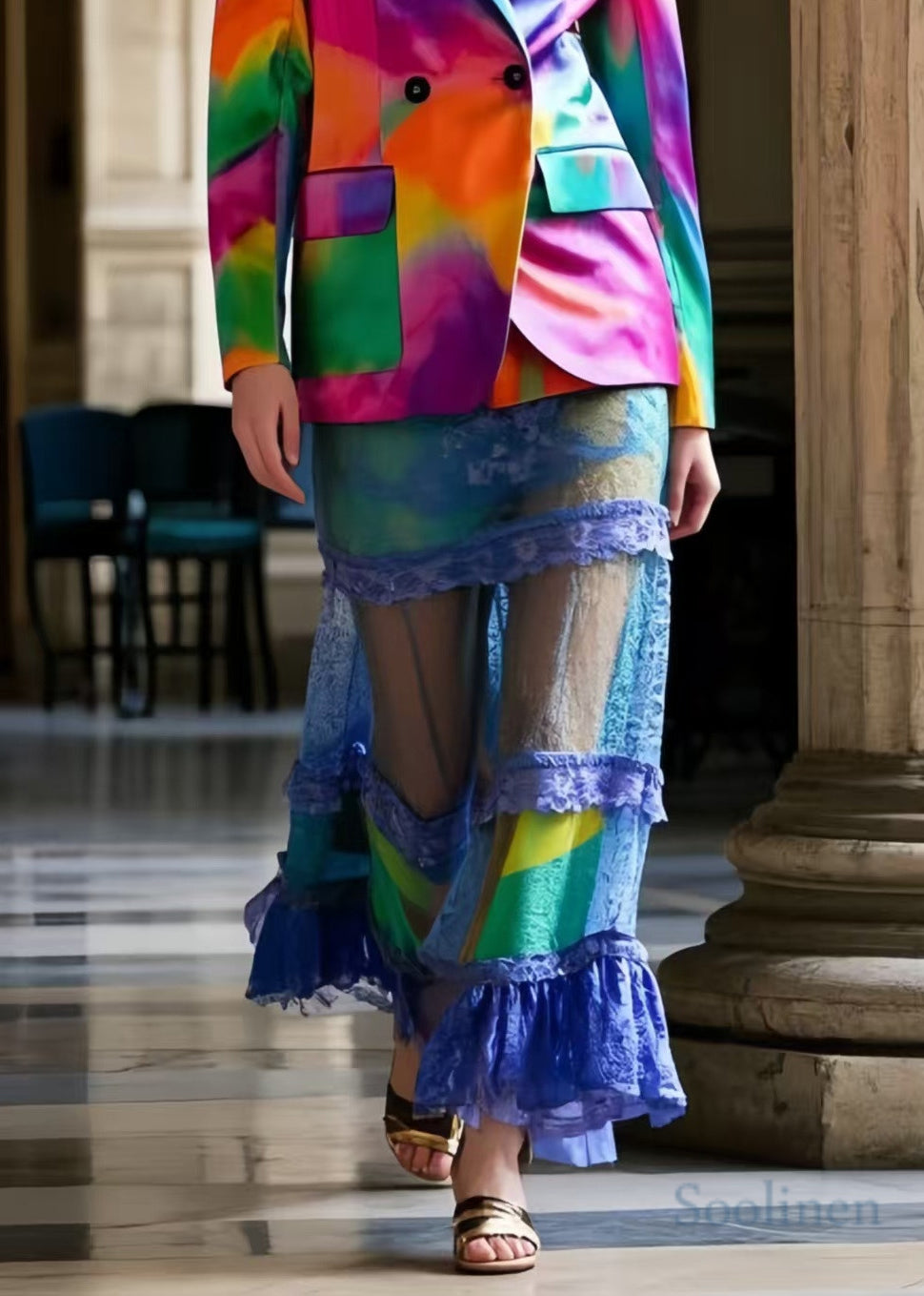 French Blue Hollow Out Patchwork Lace Wraped Skirts Summer