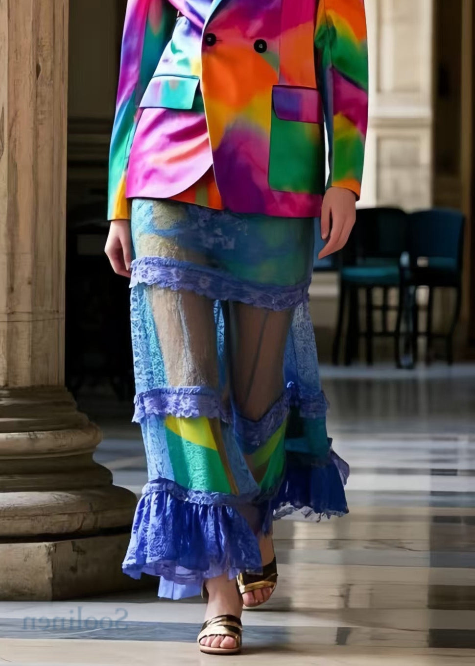 French Blue Hollow Out Patchwork Lace Wraped Skirts Summer