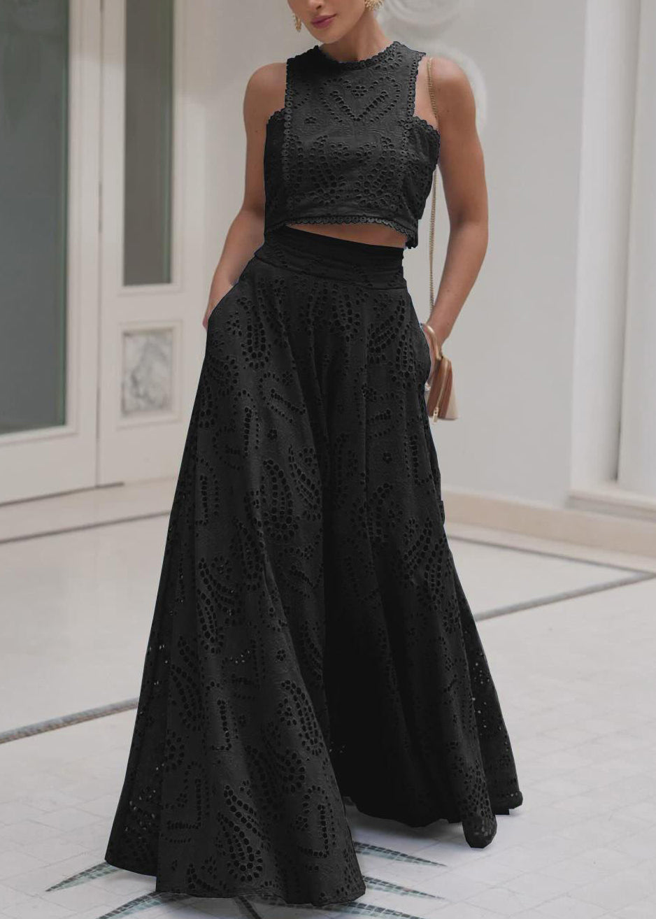 French Blue Hollow Out Tops And Skirts Cotton Two Piece Set Sleeveless