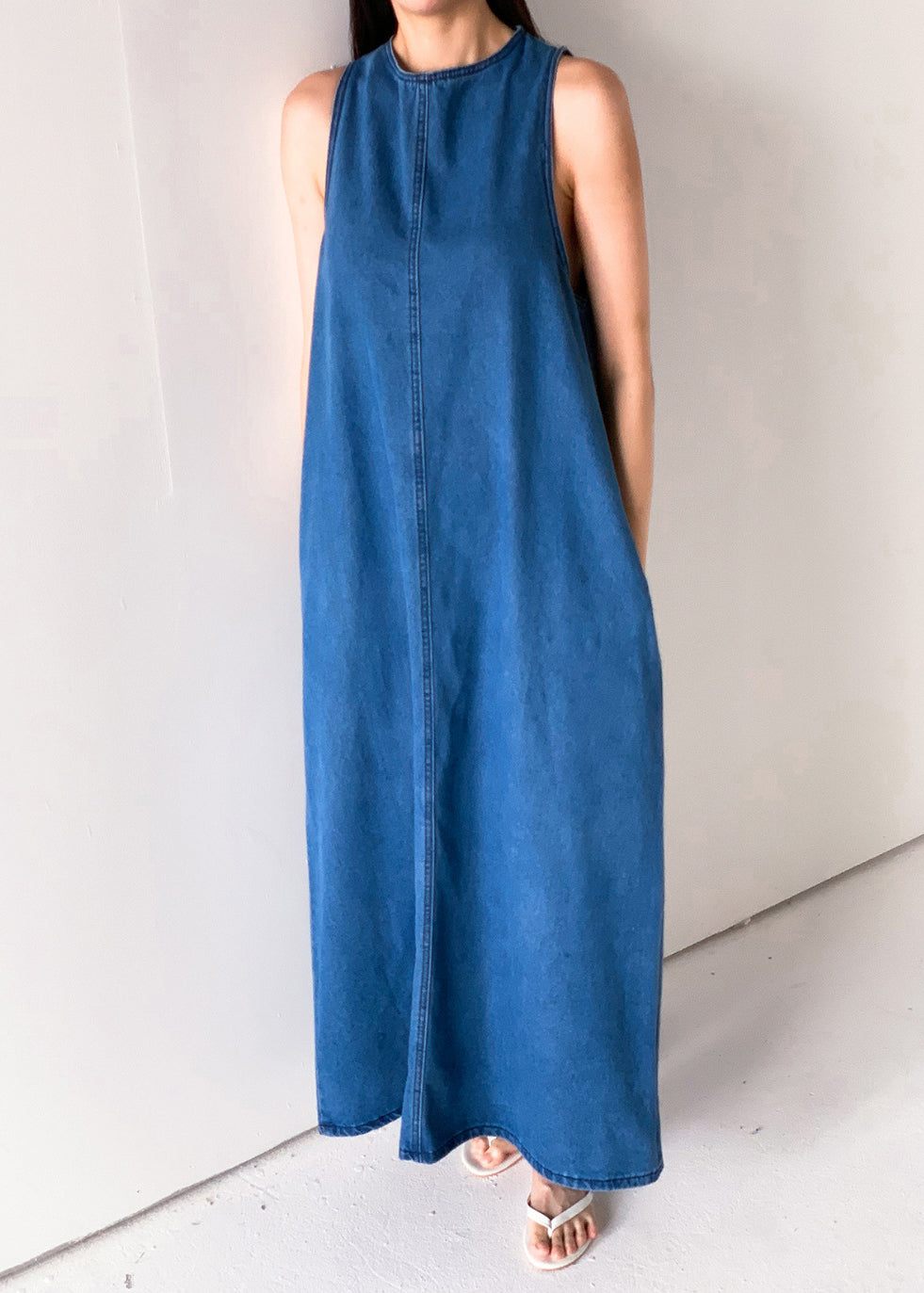 French Blue Lace Up Pockets Denim Long Dresses Sleeveless