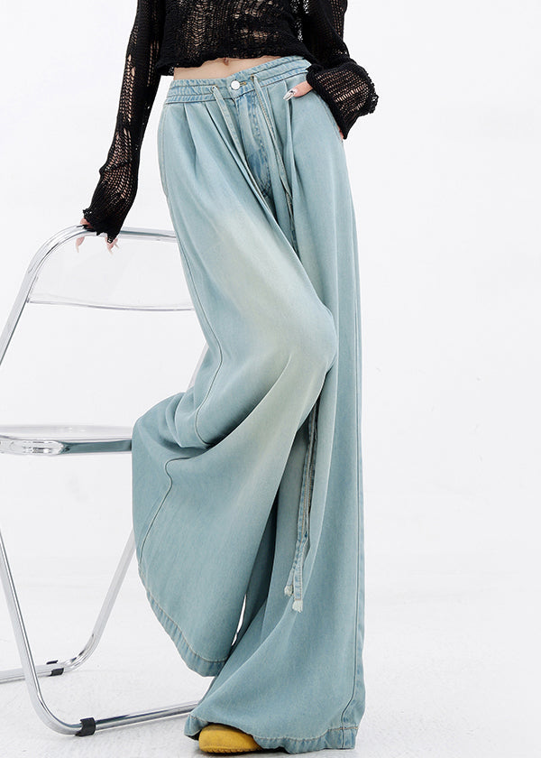French Blue Lace Up Pockets Denim Wide Leg Pants Spring