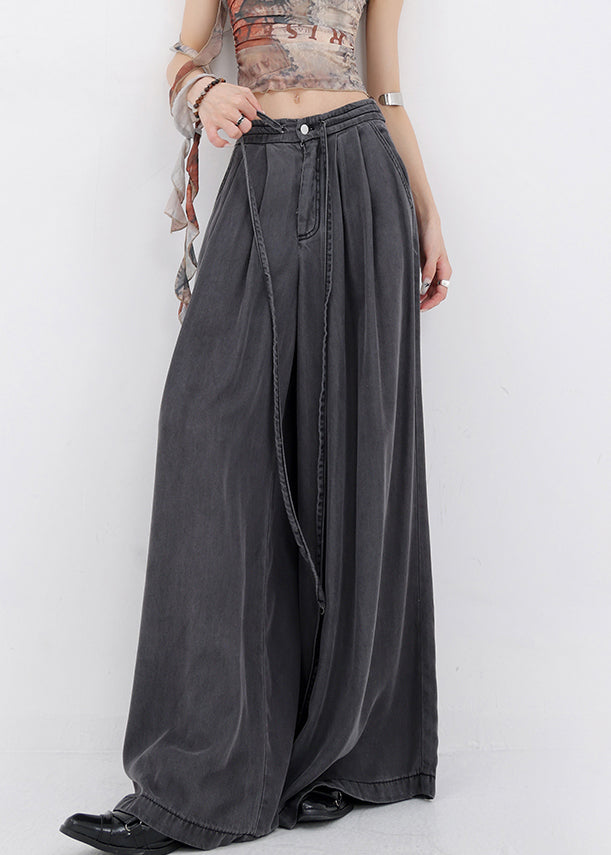 French Blue Lace Up Pockets Denim Wide Leg Pants Spring