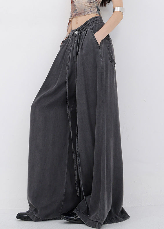 French Blue Lace Up Pockets Denim Wide Leg Pants Spring