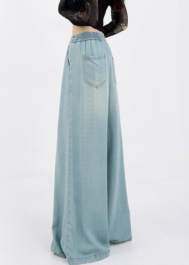French Blue Lace Up Pockets Denim Wide Leg Pants Spring