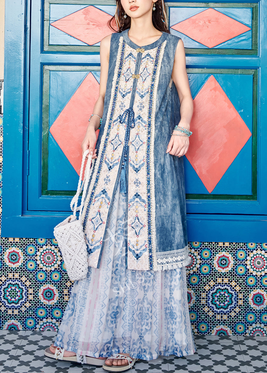 French Blue Lace Up Side Open Patchwork Denim Two Pieces Set Sleeveless