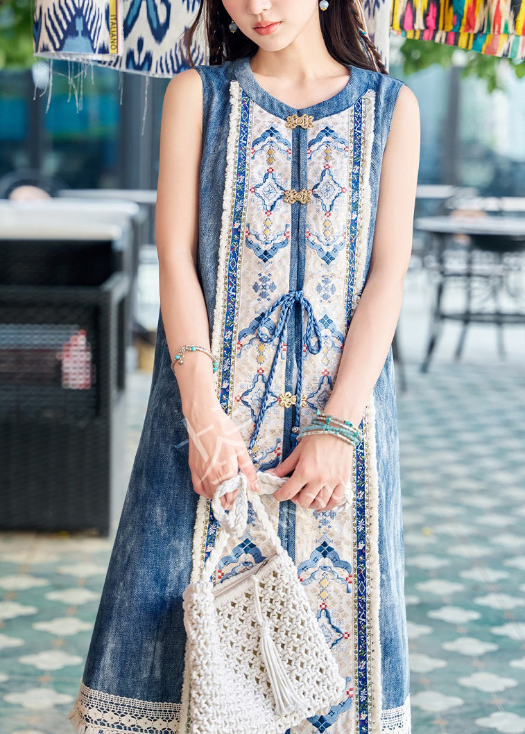 French Blue Lace Up Side Open Patchwork Denim Two Pieces Set Sleeveless