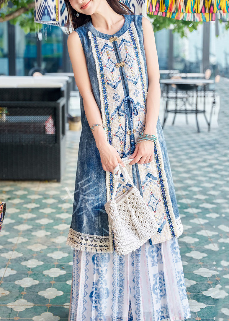 French Blue Lace Up Side Open Patchwork Denim Two Pieces Set Sleeveless