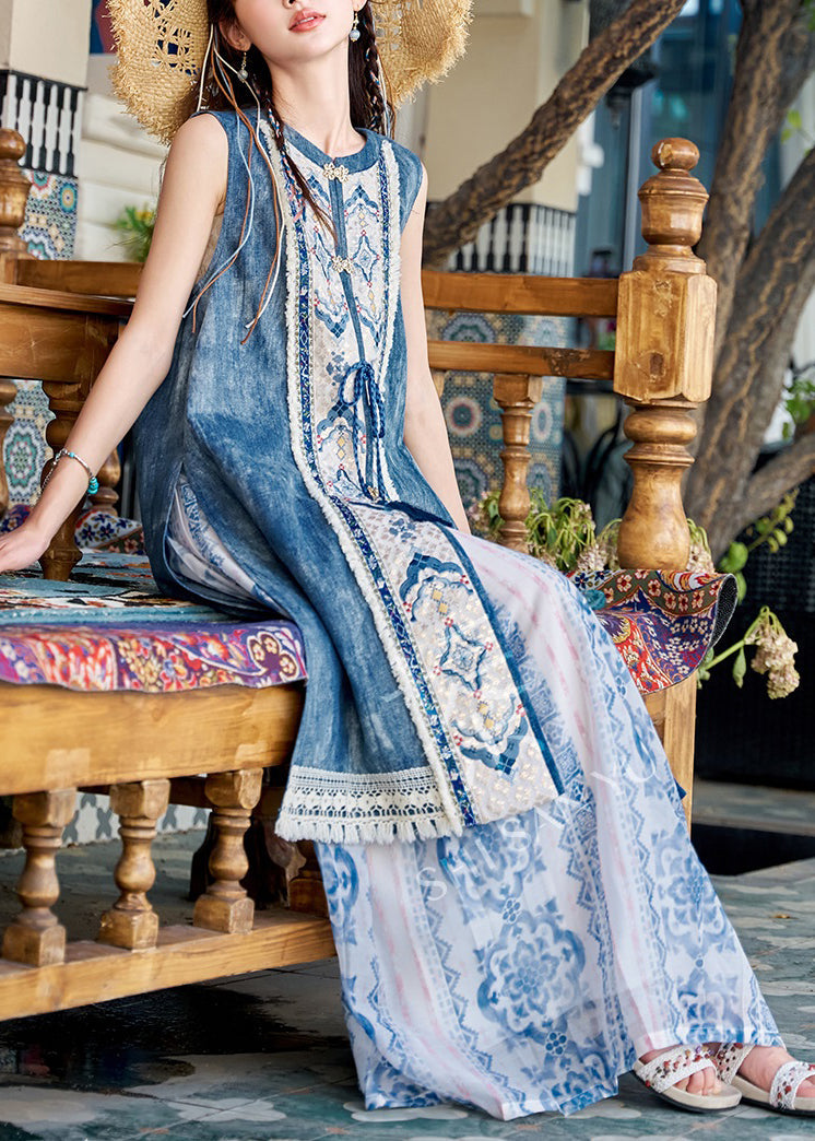 French Blue Lace Up Side Open Patchwork Denim Two Pieces Set Sleeveless