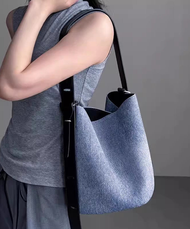 French Blue Large Capacity Durable Faux Leather Bucket Bag