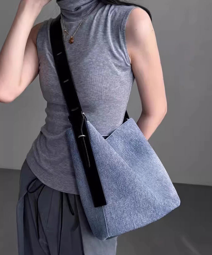 French Blue Large Capacity Durable Faux Leather Bucket Bag