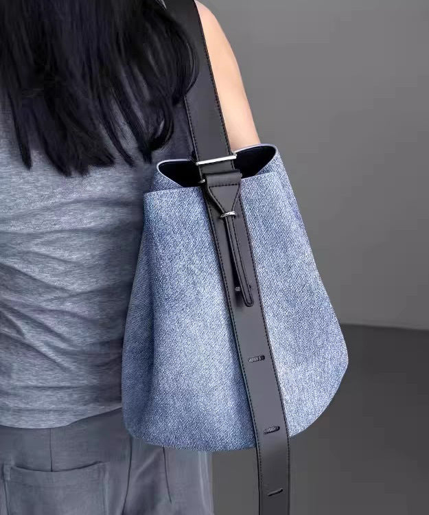 French Blue Large Capacity Durable Faux Leather Bucket Bag