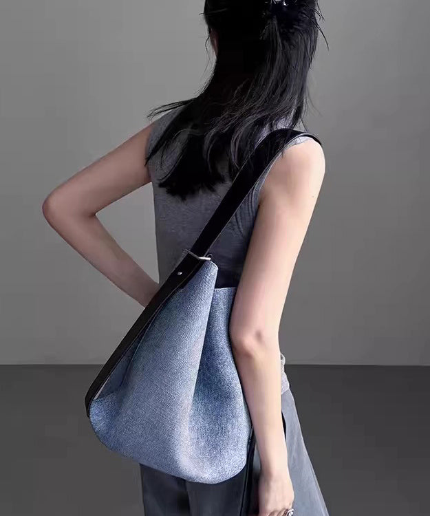 French Blue Large Capacity Durable Faux Leather Bucket Bag