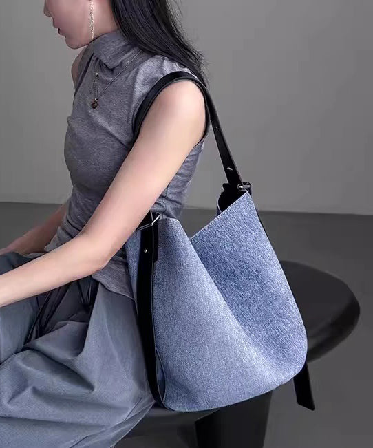 French Blue Large Capacity Durable Faux Leather Bucket Bag