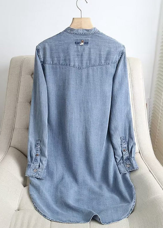 French Blue O Neck Button Pockets Denim Shirts Long Sleeve