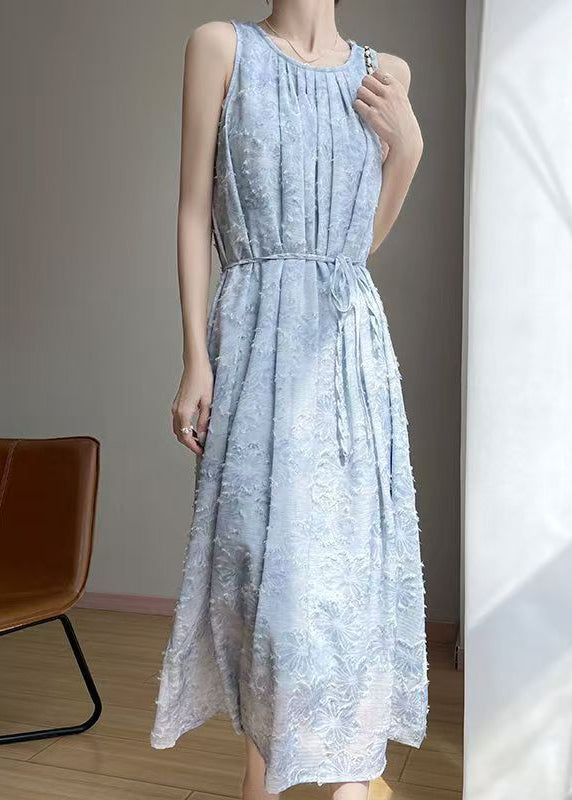 French Blue O Neck Original Design Cotton Long Dress Sleeveless