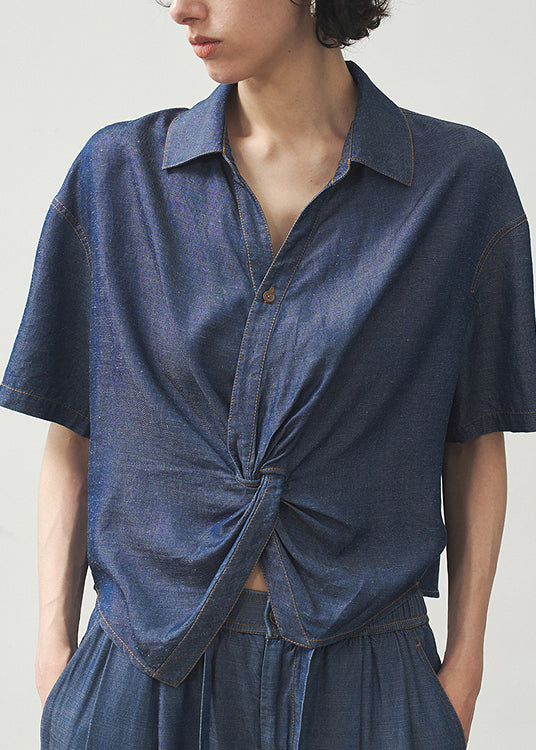 French Blue Peter Pan Collar Denim Blouse Top Summer