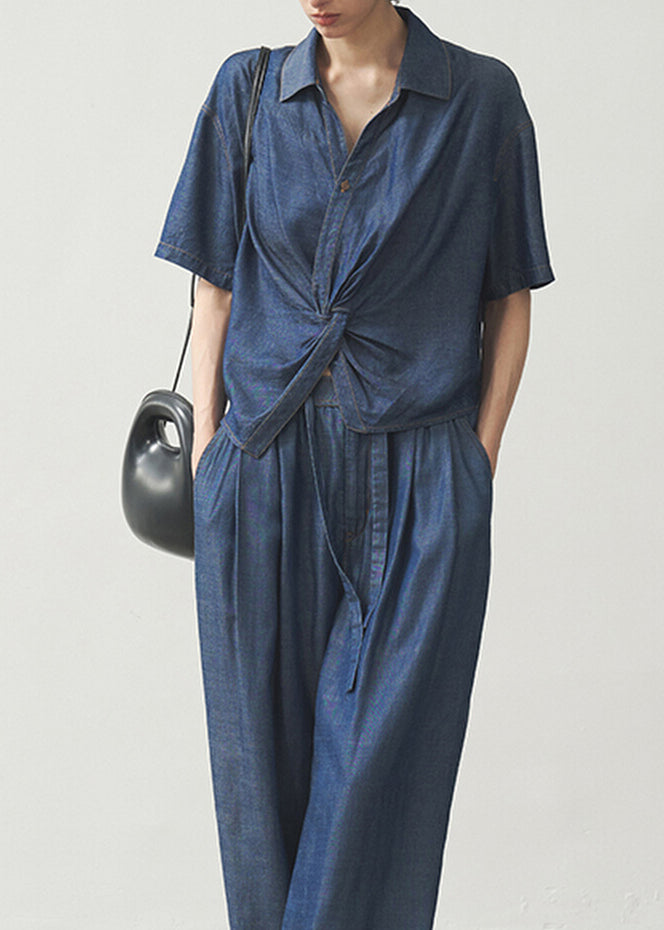 French Blue Peter Pan Collar Denim Blouse Top Summer