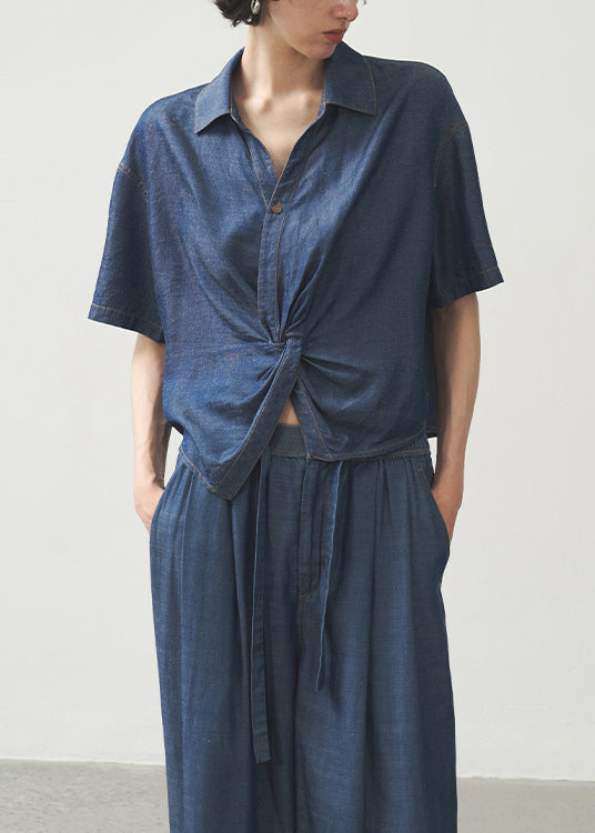 French Blue Peter Pan Collar Denim Blouse Top Summer