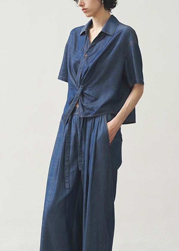 French Blue Peter Pan Collar Denim Blouse Top Summer