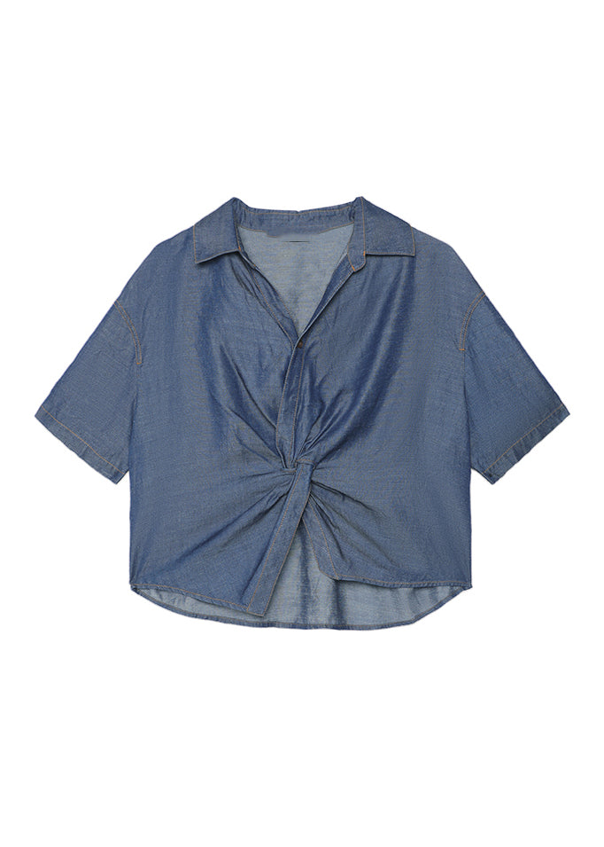 French Blue Peter Pan Collar Denim Blouse Top Summer