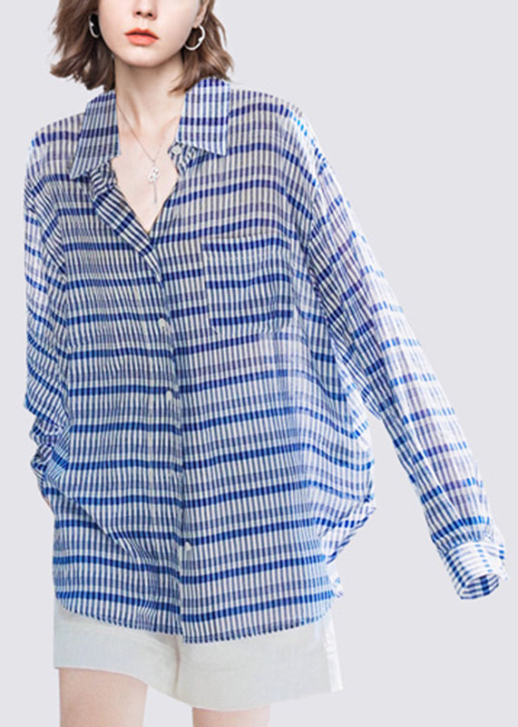 French Blue Peter Pan Collar Striped Shirts Fall