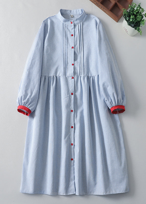 French Blue Plaid Button Cotton Shirts Dress Spring