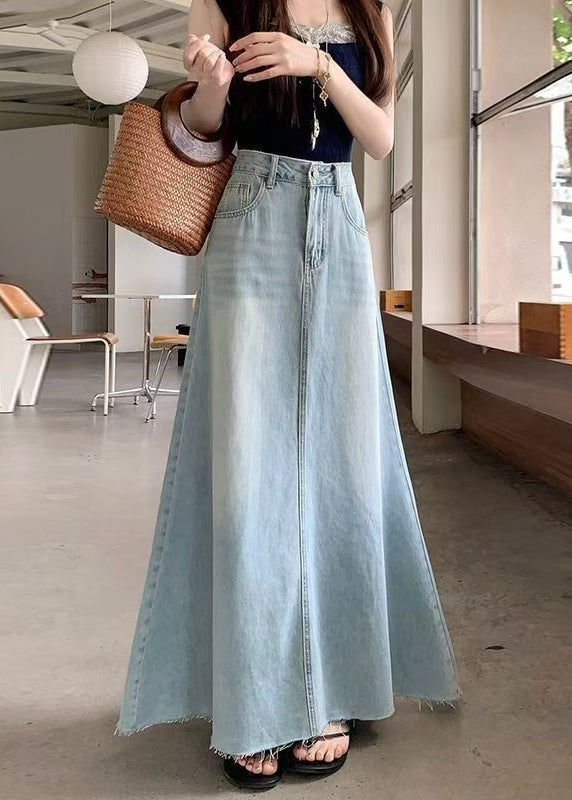 French Blue Pockets High Waist Denim Maxi Skirt Fall