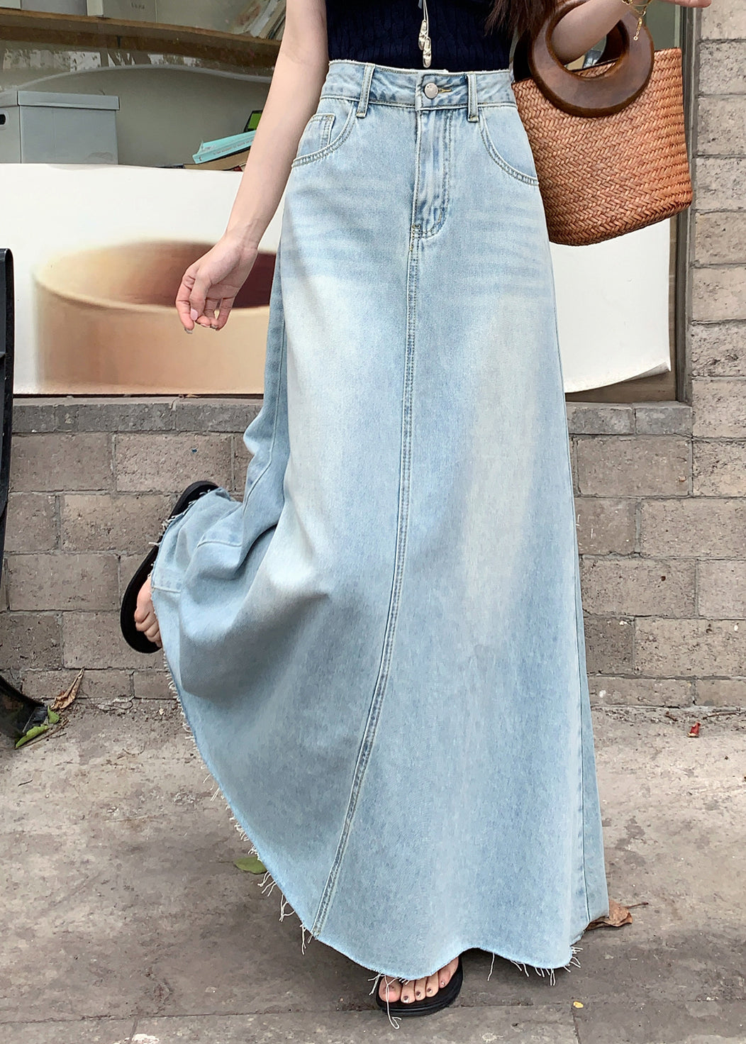 French Blue Pockets High Waist Denim Maxi Skirt Fall