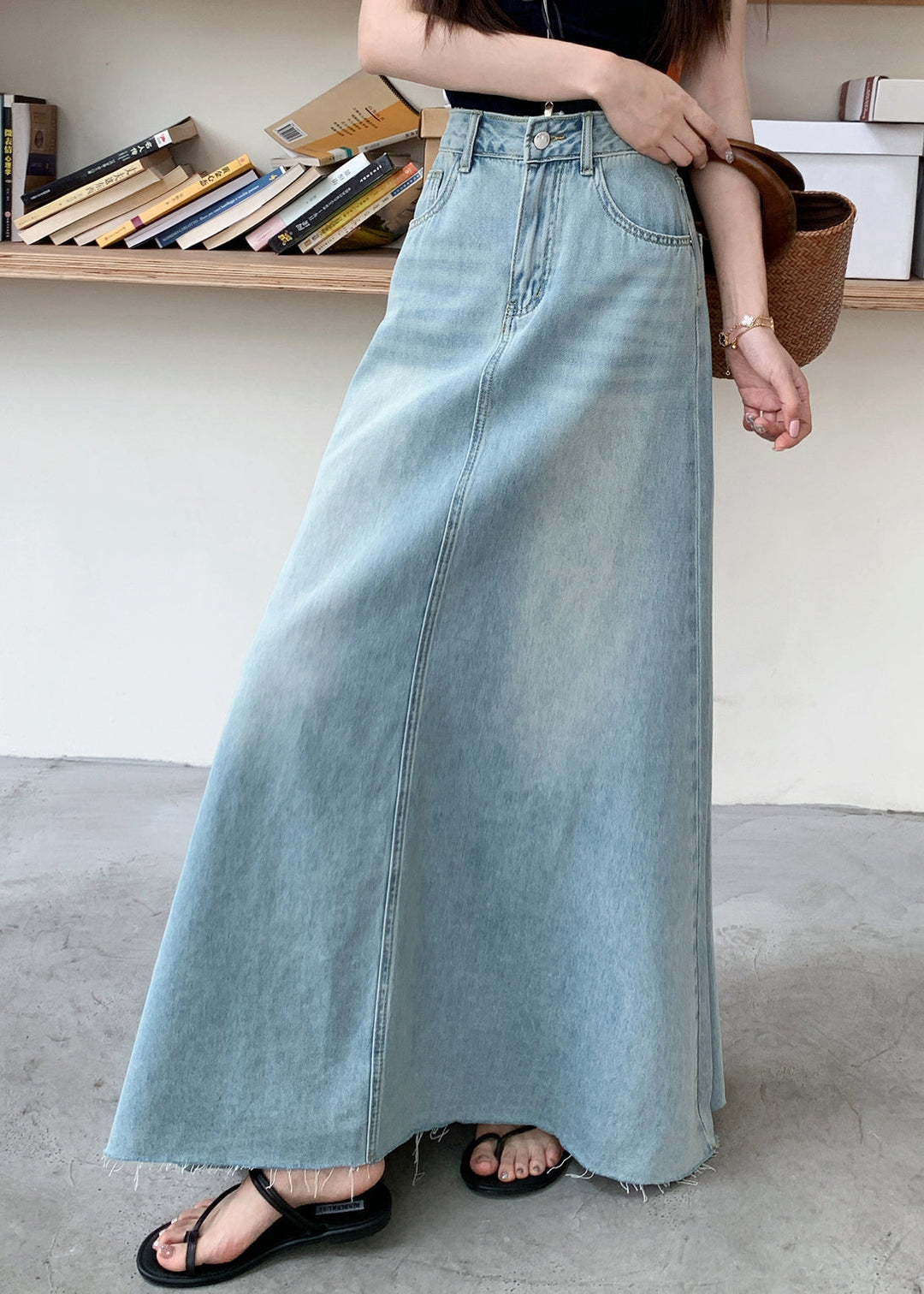French Blue Pockets High Waist Denim Maxi Skirt Fall