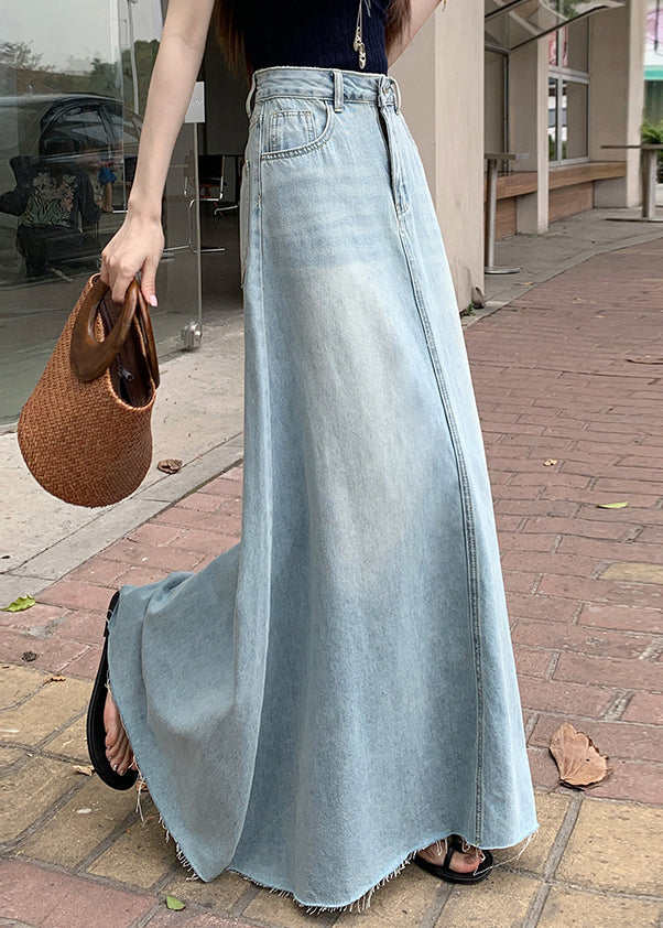 French Blue Pockets High Waist Denim Maxi Skirt Fall