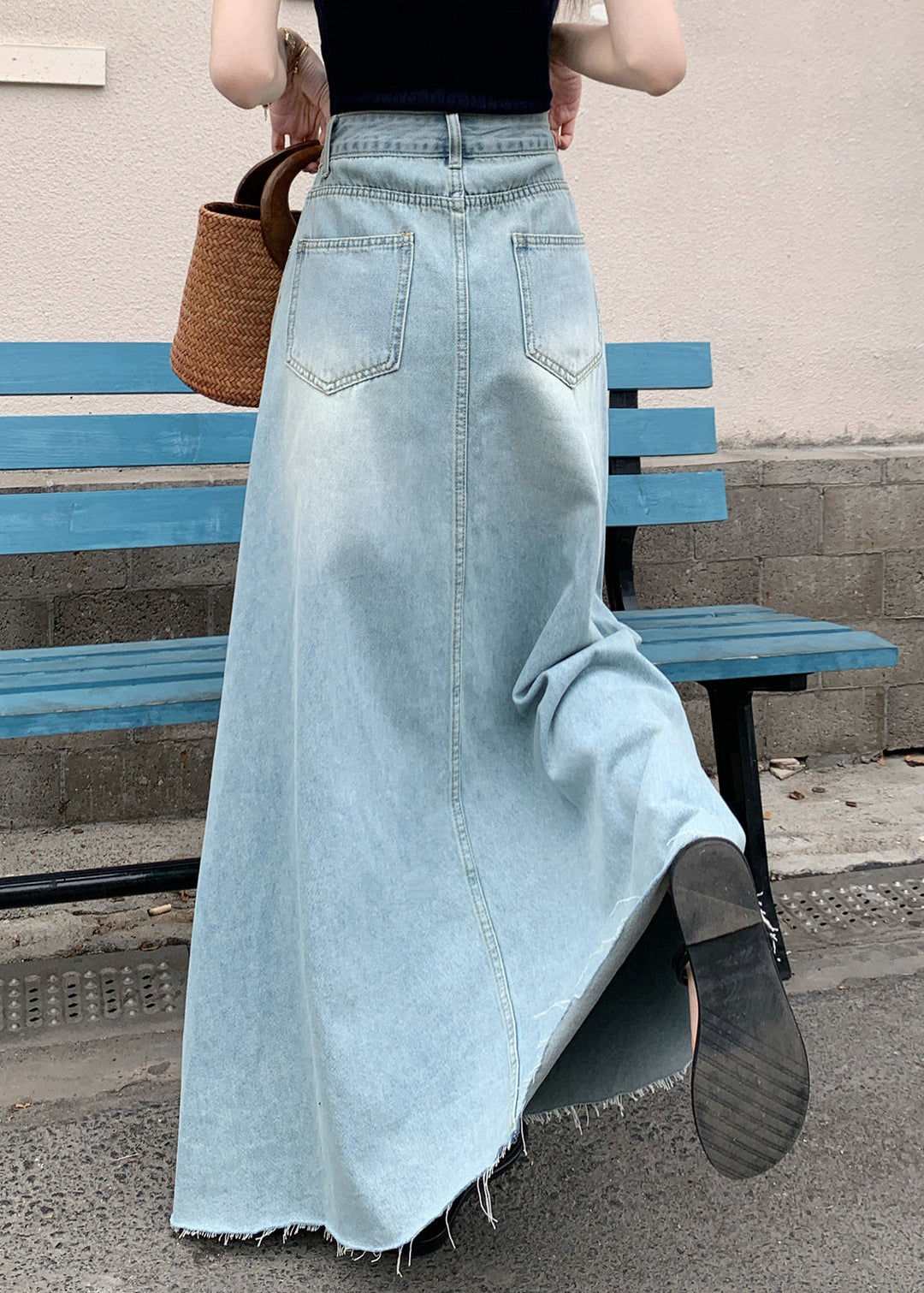 French Blue Pockets High Waist Denim Maxi Skirt Fall