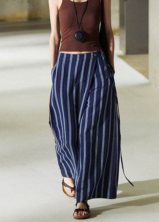 French Blue Pockets Striped Lace Up Linen Pants Summer