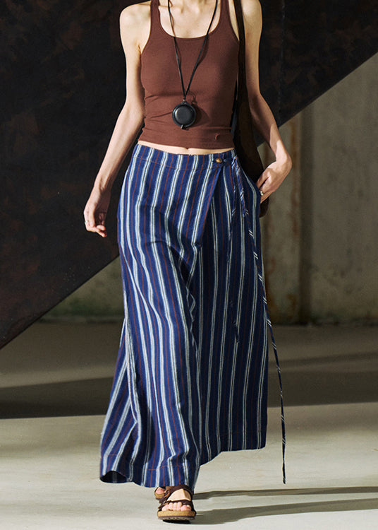 French Blue Pockets Striped Lace Up Linen Pants Summer