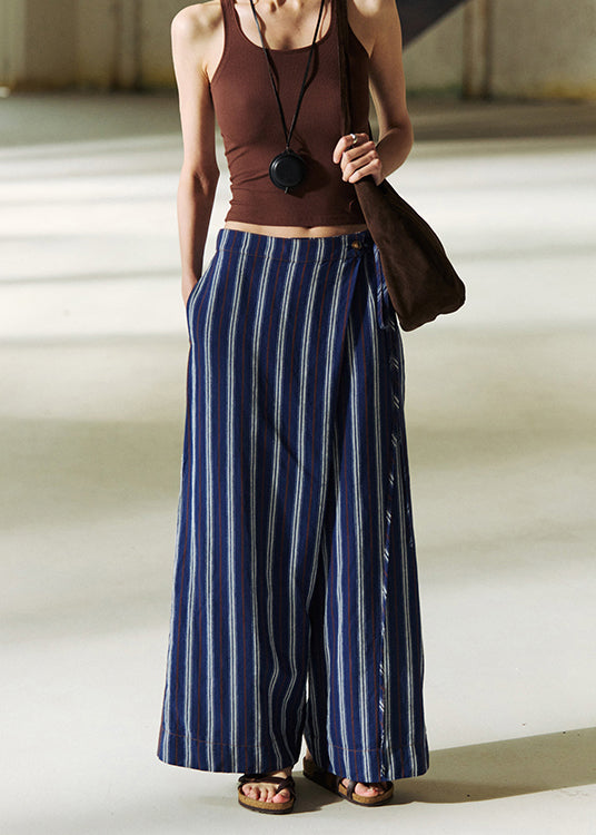 French Blue Pockets Striped Lace Up Linen Pants Summer
