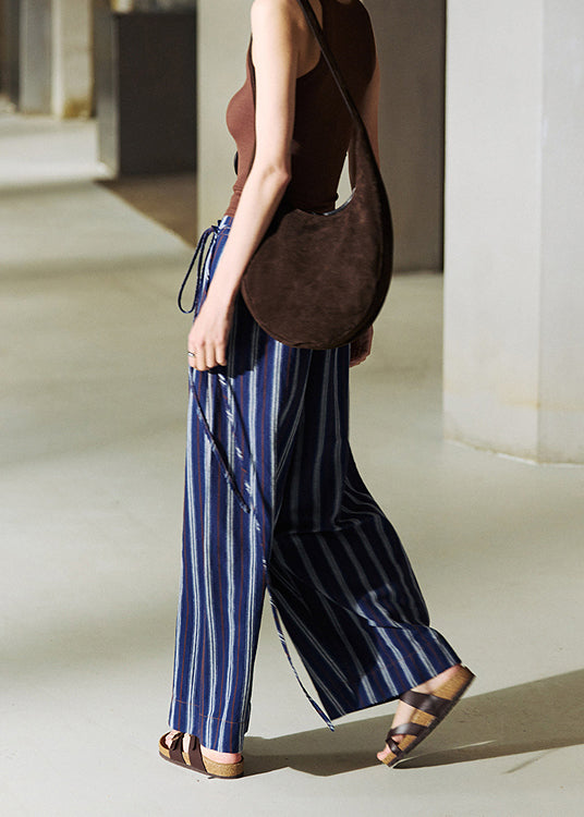 French Blue Pockets Striped Lace Up Linen Pants Summer