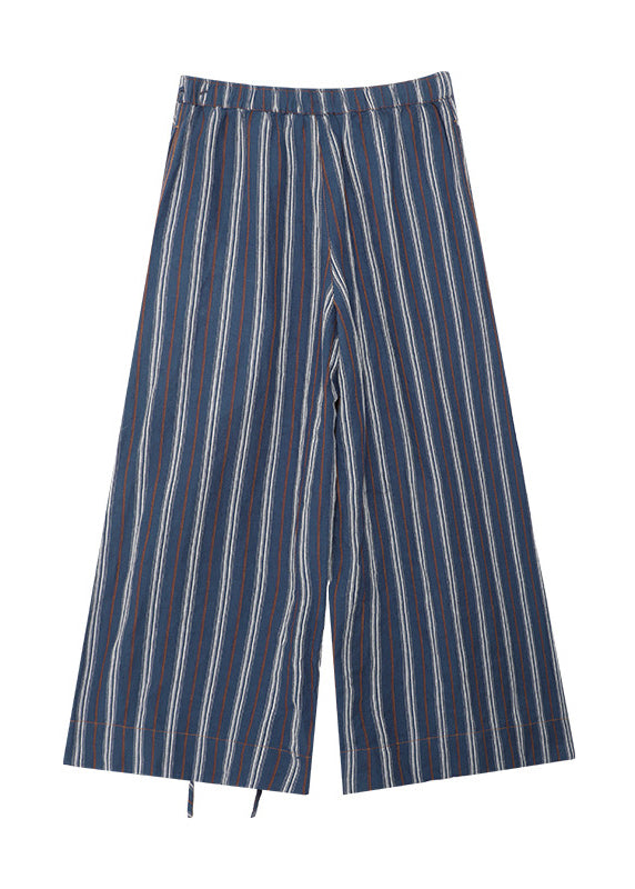 French Blue Pockets Striped Lace Up Linen Pants Summer