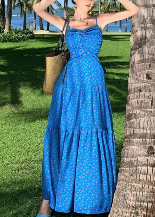 French Blue Print Patchwork Maxi Spaghetti Strap Dress Summer